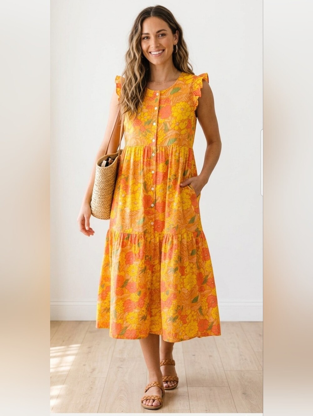 Chanthou Floral Midi Dress 100% Cotton Yellow Orange Ruffle Sleeve Tiered